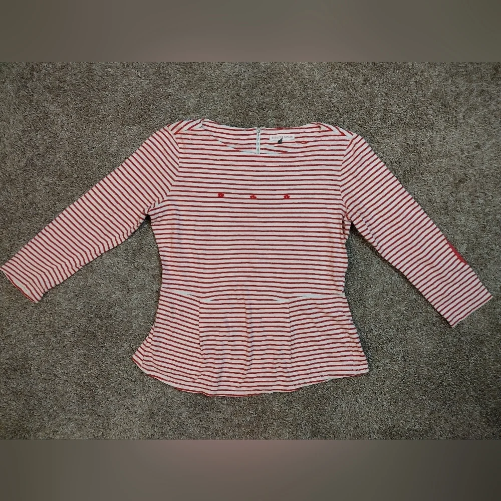 Rebecca Taylor Striped Peplum Blouse With Embroidered Flowers Medium - Picture 1 of 10